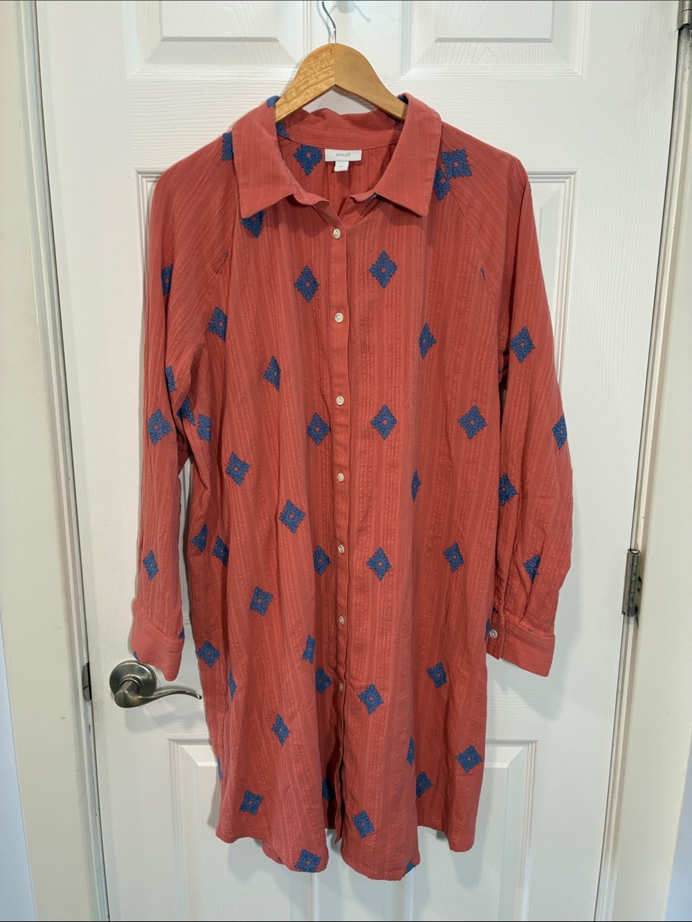 Button-Front Rust Shirt Dress with Blue Diamond Motif